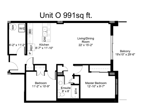 Floor plan for 2 beds, 1 bath, 992 sqft